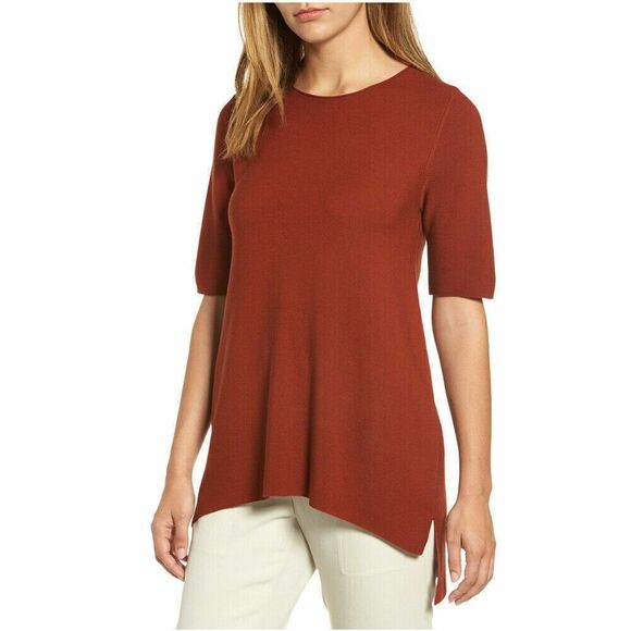 EILEEN FISHER Brick Red 100% Tencel Knit Drapey High Low Top Small Petite - Picture 1 of 10